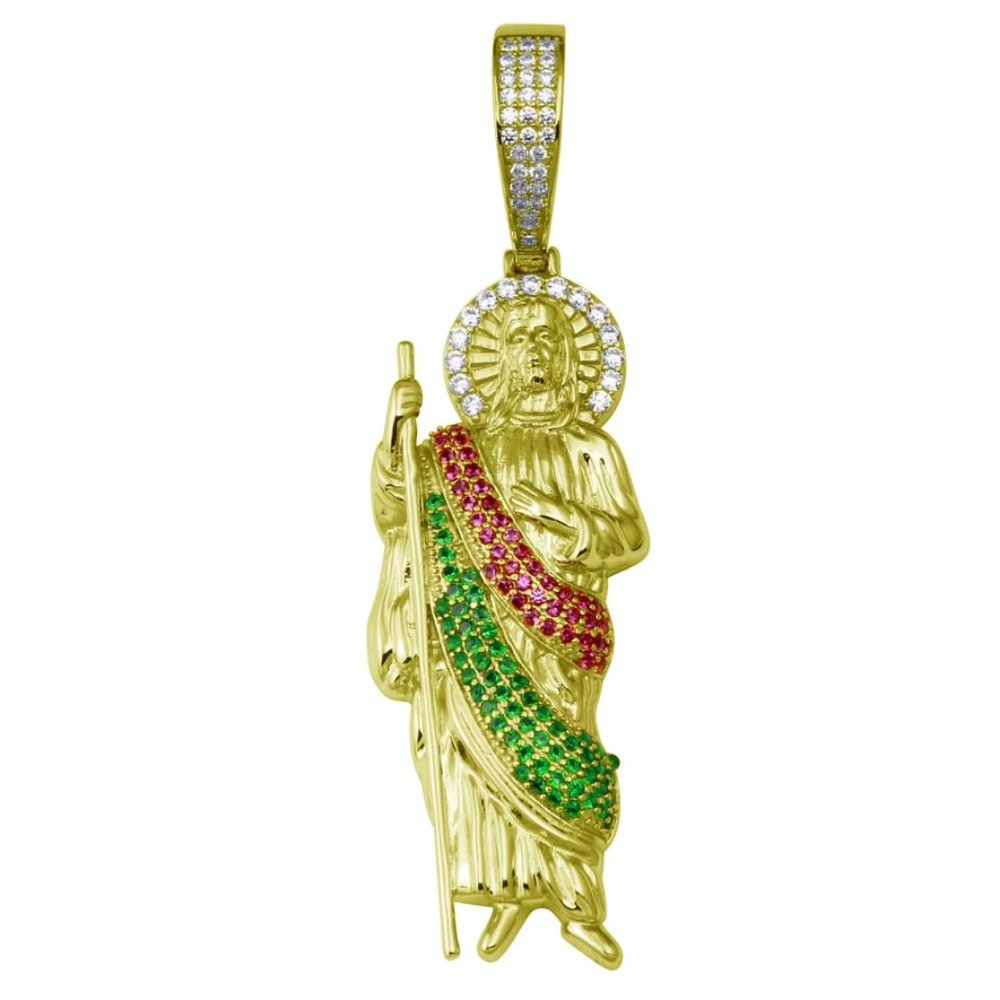 Sterling Silver 925 Gold Plated Multi Color CZ St Jude Hip Hop Pendant - Picture 1 of 2
